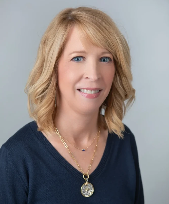 Smiling woman with blonde hair